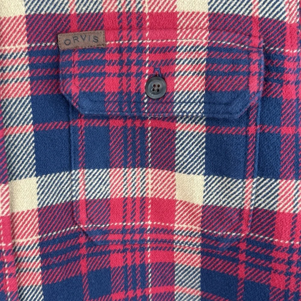 Orvis Thick Flannel Button-Up Shirt Shacket Men's M Red Navy Plaid Long Sleeve